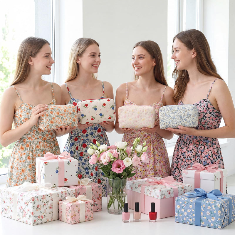 Paterr 12 Pcs Quilted Makeup Bags Bulk, Cotton Floral Cosmetic Bags, Aesthetic Makeup Pouch, Travel Toiletry Bag, Quilted Pencil Pouch, Floral Emergency Bag with Zipper for Women Bridesmaid Gifts