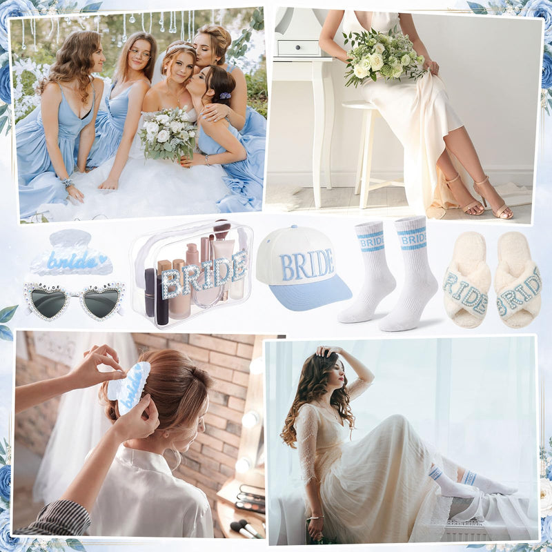 Kacctyen 6 Pcs Something Blue Bridal Shower Gift for Bride to Be Wedding Gifts Set for Bride Include Slippers Makeup Bag Heart Sunglasses Baseball Cap Socks Hair Claw Clip for Bachelorette Engagement