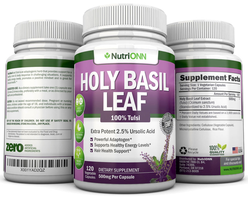 [Australia] - Holy Basil Leaf Capsules - 500mg - 2.5% Ursolic Acid - 120 Vegan Capsules - Real Tulsi Extract Supplement - Positive Mindset - Adaptogenic & Ayurvedic Herb 