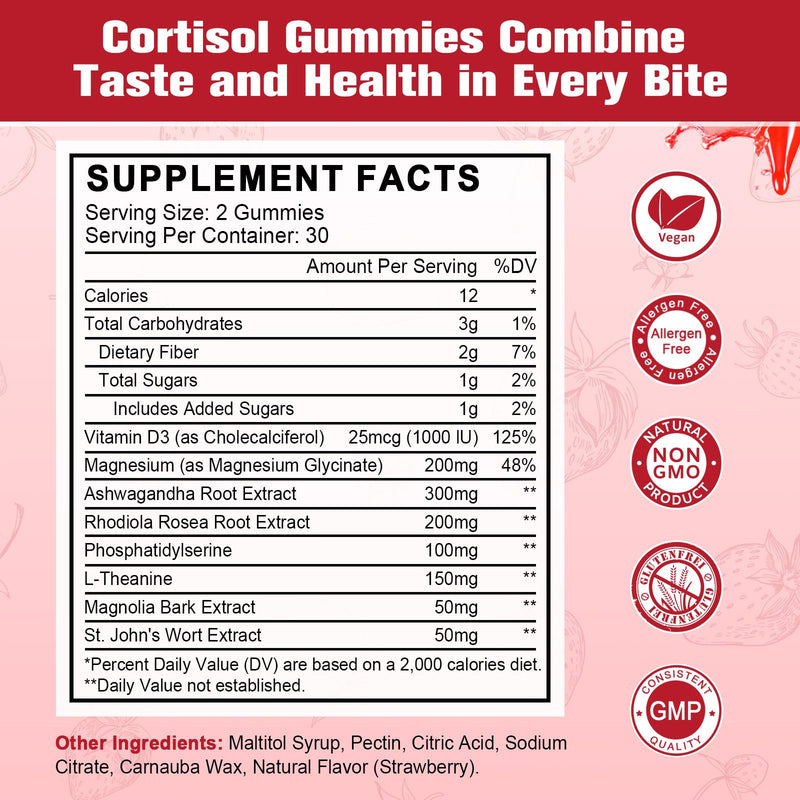 Cortisol Gummies for Women with Ashwagandha, Rhodiola Rosea, L-Theanine, Magnesium, Vitamin D3 for Zzz Support, Balanced Cortisol, Vegan, 60 Gummies 60 Count (Pack of 1)