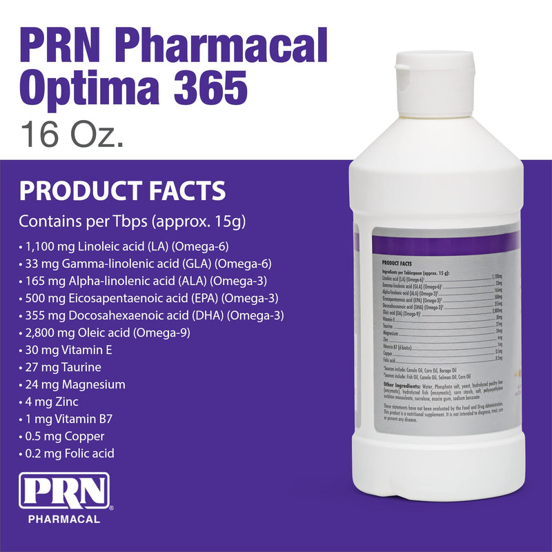 PRN Pharmacal Optima 365 Omega Skin and Coat Supplement, 16 fl oz | Omega-3, 6 & 9 Skin & Coat Supplement for Dogs & Cats, Helps Reduce Shedding for a Glossier, Healthier Coat 16 oz