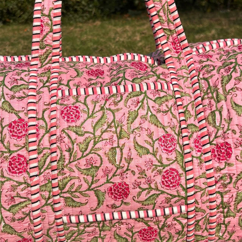 Large rose pink Cotton Quilted Duffle Bags Block Print Gifts Handmade Colorful Travel Night Travel Gym Yoga Luggage Pocket 18X9X9 inches