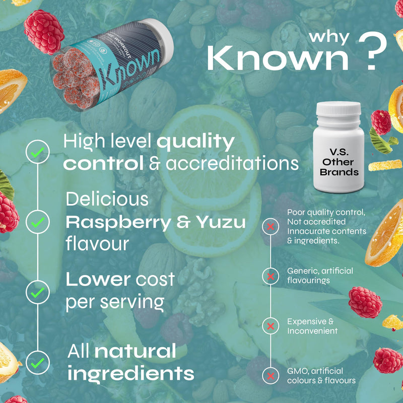 Known Pre-Workout Gummies – Raspberry & Yuzu Flavour – Vegan Gummy Supplement – Caffeine, Taurine, Citrulline, Alanine & Vitamins D3, B3, B6, C – Energy, Focus & Endurance – 30 Servings – Men & Women 30 Days Supply