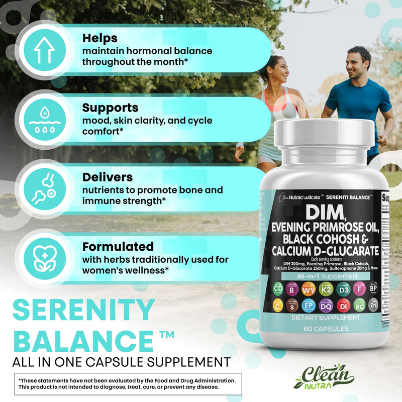 [Australia] - Clean Nutraceuticals DIM Evening Primrose Black Cohosh Calcium D-Glucarate Sulforaphane Flax Seed Extract - Hormonal Support Vitamins for Women with Dong Quai - 60 Caps 