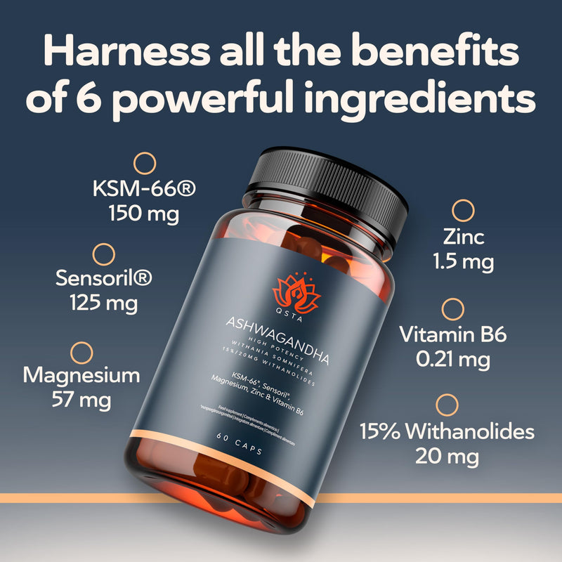 Ashwagandha KSM 66 + Sensoril (15-20% Withanolides) Cortisol Reducing Supplements for Deep Sleep, Energy, Concentration and Stress Relief. 2 Month Supply Ashwagandha High Strength KSM 66 Capsules Ashwa QSTA
