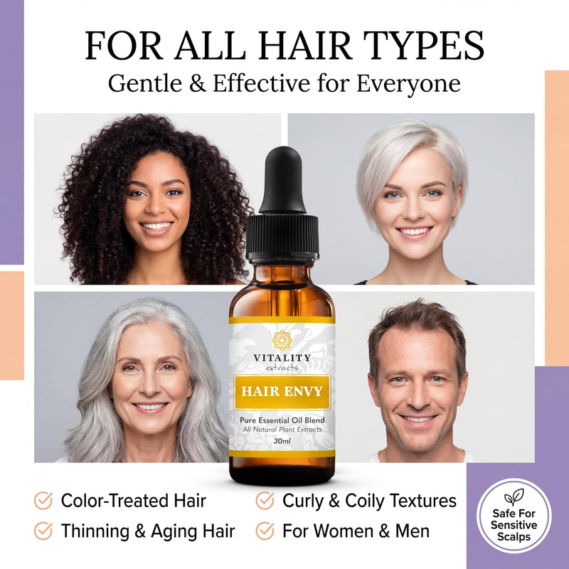 Vitality Extracts Hair Envy - Natural Hair Growth Serum - 100% Pure Essential Oils, 15 Plant Extracts, No Synthetics, No Parabens - Strengthen Hair, Minimize Breakage, Stimulate Follicles