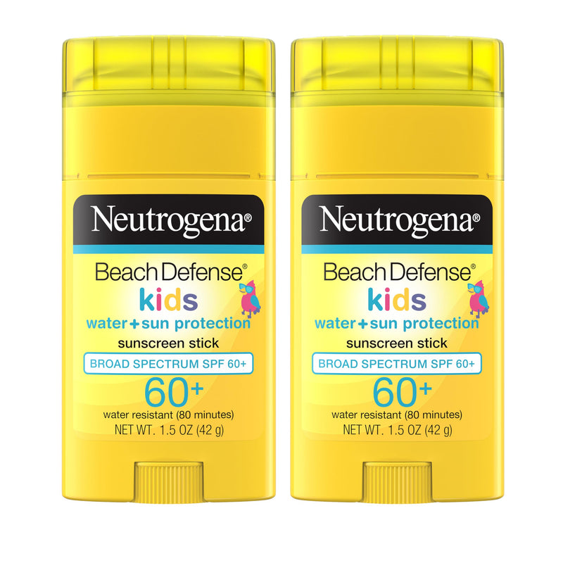 Neutrogena Beach Defense Kids Sunscreen Stick, Water-Resistant Sunscreen for Children, Broad Spectrum SPF 60+ for UVA/UVB Sun Protection, Oxybenzone-Free Sunscreen, Twin Pack, 2 x 1.5 oz