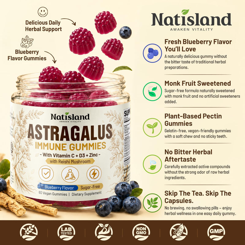 Organic Astragalus Gummies, Sugar-Free, with Reishi, Immune Vitamins | Astragalus Supplement, Organic, Non-GMO, Immune & Daily Health Support, Blueberry Flavor, 60 Gummies