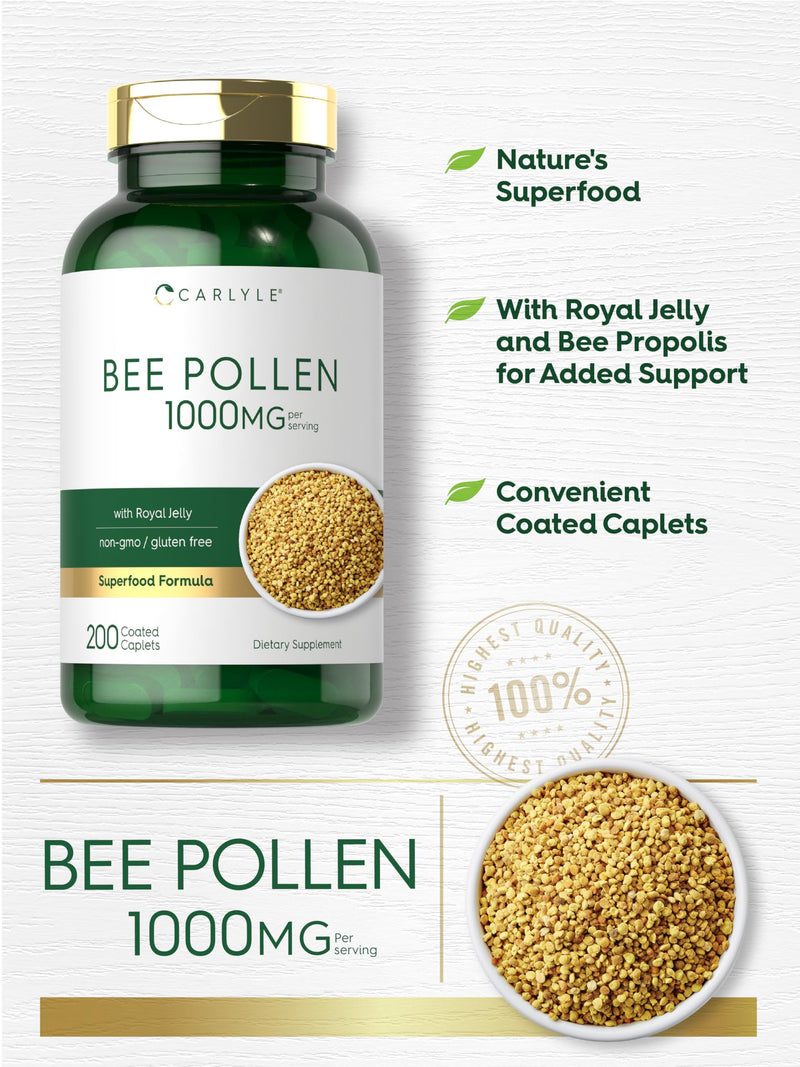 Carlyle Bee Pollen Supplement 1000mg | 200 Caplets | with Royal Jelly and Bee Propolis | Vegetarian, Non-GMO, Gluten Free