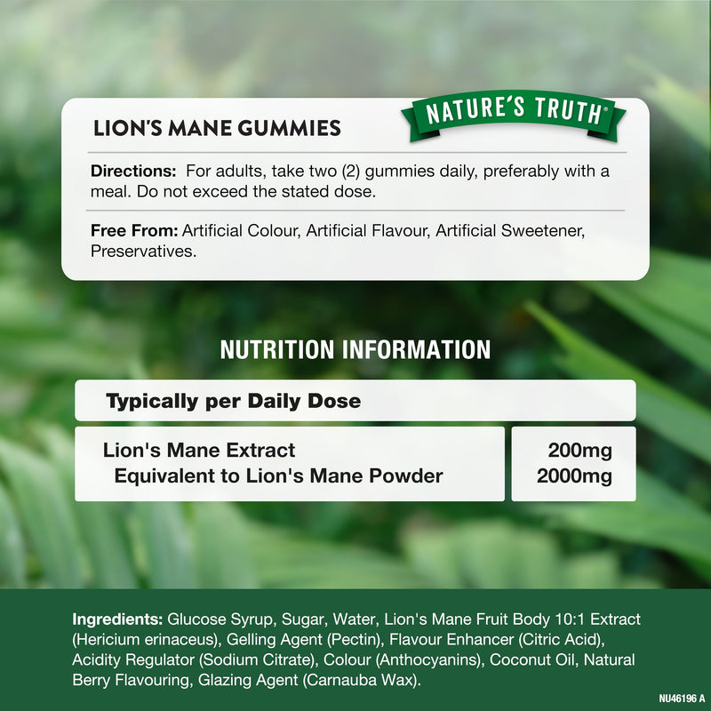 Lion's Mane Gummies | 2000mg High Strength Lion's Mane Supplement | 60 Natural Berry Flavour Gummies - Vegan Mushroom Extract | By Nature's Truth