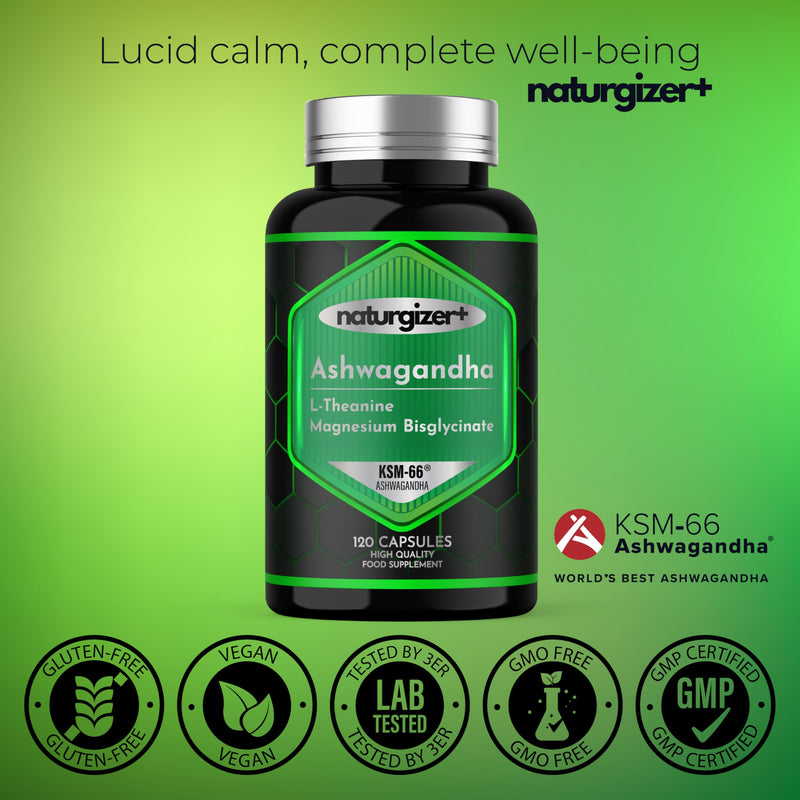 Ashwagandha KSM-66 Complex with L-Theanine & Magnesium | 120 Capsules | 3-in-1 KSM-66 Ashwagandha Complex with L-Theanine & Magnesium | 120 Capsules | 60-Day Supply