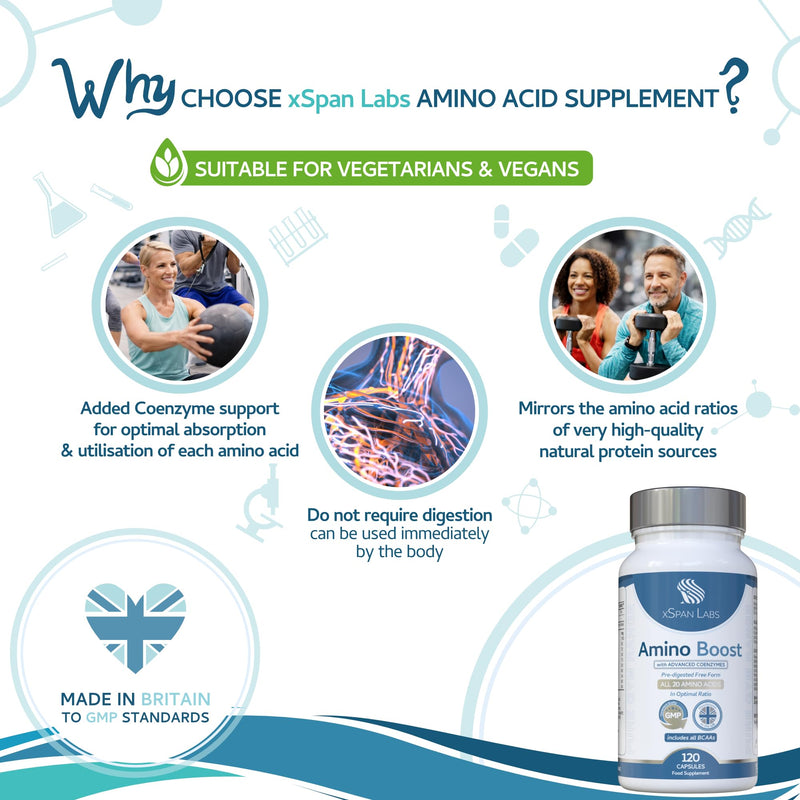 Amino Boost - Full Spectrum 20 Amino Acids Supplement 120 Vegan Capsules |Includes All BCAAs - Free Form pre-digested Amino Acids with Added Advanced Coenzyme Support. No Additives - UK Made