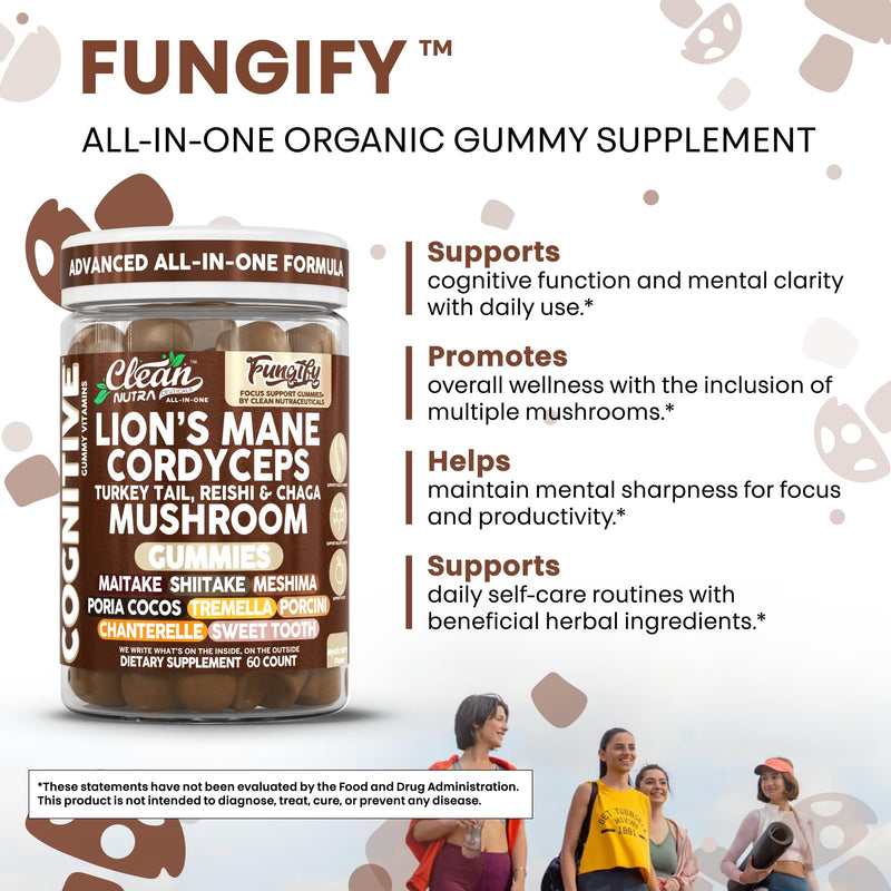 Clean Nutra Lions Mane Mushroom Gummies Cordyceps Supplement for Memory and Focus Immune Support Vitamins Reishi Chaga Turkey Tail Mushrooms Gummy Shiitake Maitake Meshima Supplements