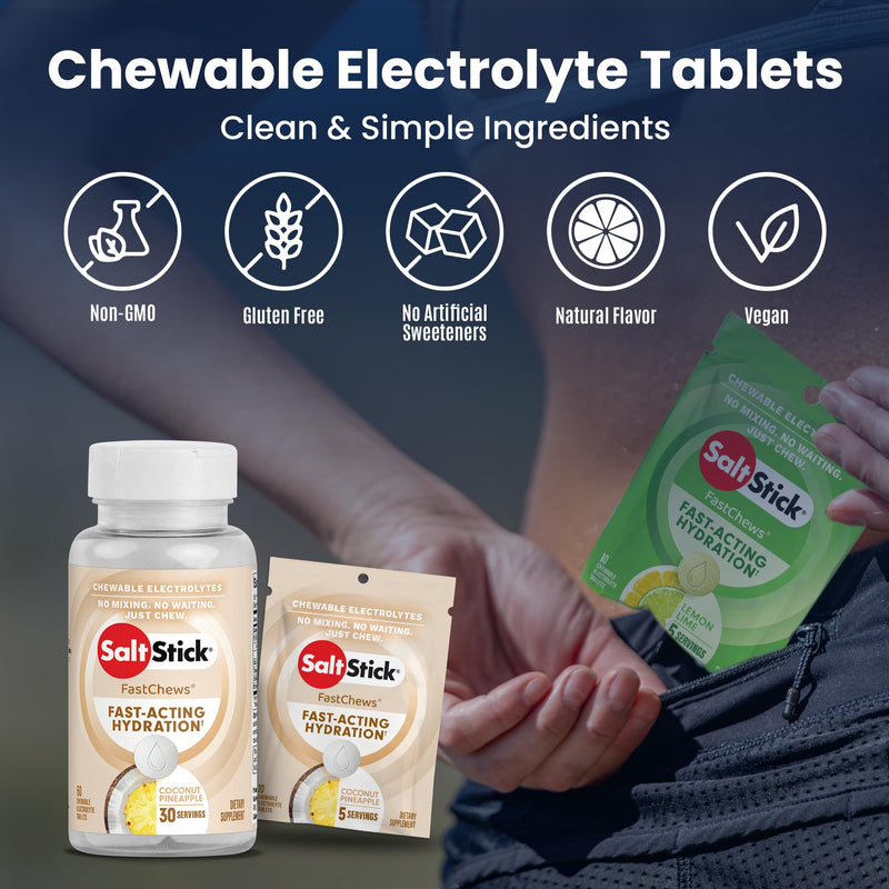 SaltStick FastChews Electrolytes - 60 Chewable Electrolyte Tablets - Salt Tablets for Running, Fast Hydration, Leg Cramps Relief, Sports Recovery - Non-GMO, Vegan, Gluten Free (Coconut Pineapple)