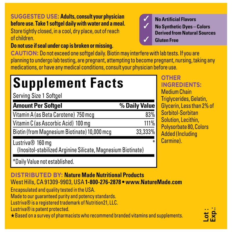 Nature Made Hair Growth Softgels, 30 Softgels | Clinically Studied Lustriva + Biotin, Vitamin C & A, Hair Growth Vitamins, Support Healthy Hair as You Age, 30 Day Supply 30 Count (Pack of 1)