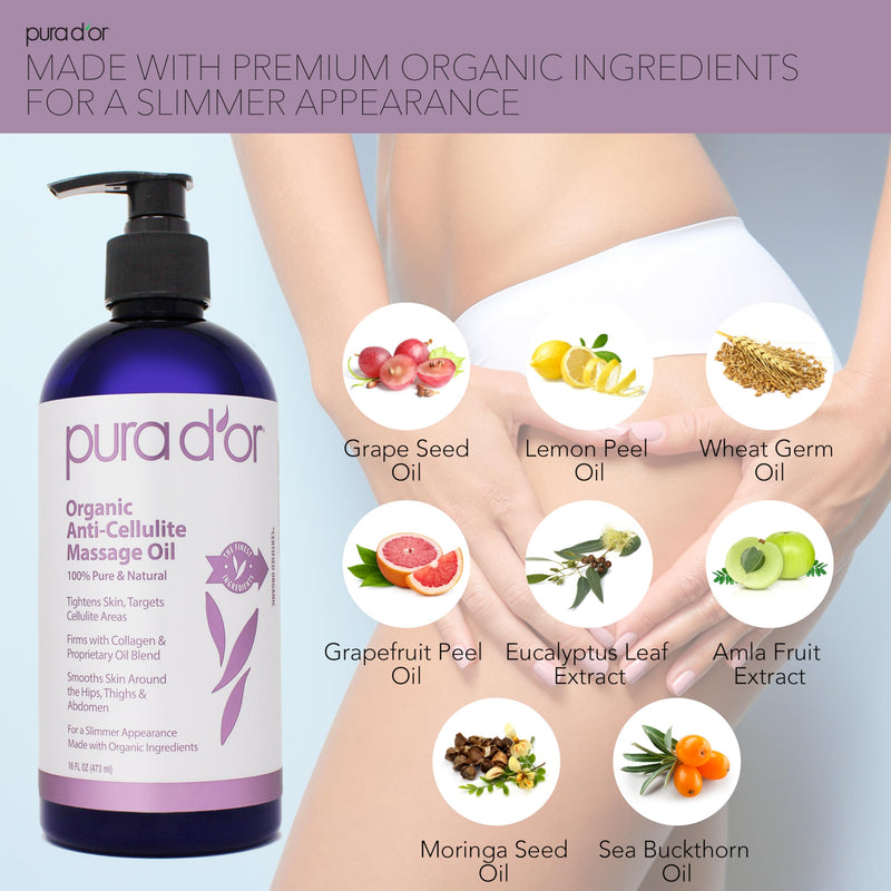 [Australia] - PURA D’OR 16 Oz Organic Anti-Cellulite Massage Oil for Toned Legs and Butt - Lemon Peel Oil, Moringa Oil, Grape Seed Oil, Grapefruit Oil & Eucalyptus Oil - Skin Firming & Tightening 