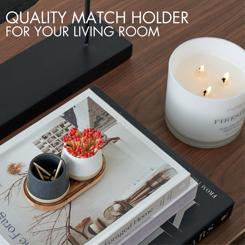 KIBAGA Decorative Ceramic Match Holder With Wooden Tray - Set of 2 Beautiful Matte Holders with Striker Are an Upgrade To Any Home Decor - Enhance Your Living Room With Cute Jars - Matches Not Incl.