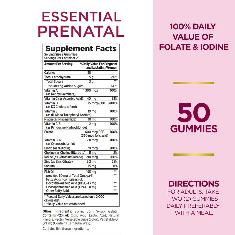 [Australia] - Nature's Bounty Optimal Solutions Essential Prenatal Gummies, Folic Acid and Iodine, Omega 3 and DHA, 50 Count, 25 Total Servings 50 gummies 