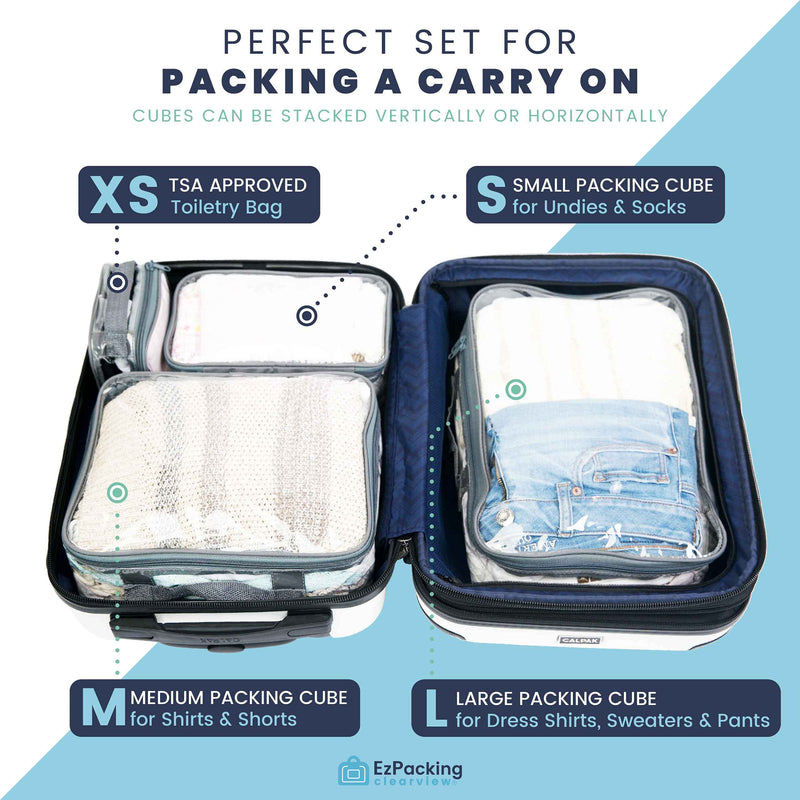 Clear Packing Cubes set of 4 / Packs 7-10 Days of Clothes/Premium PVC Plastic Storage Bags Turquoise Blue