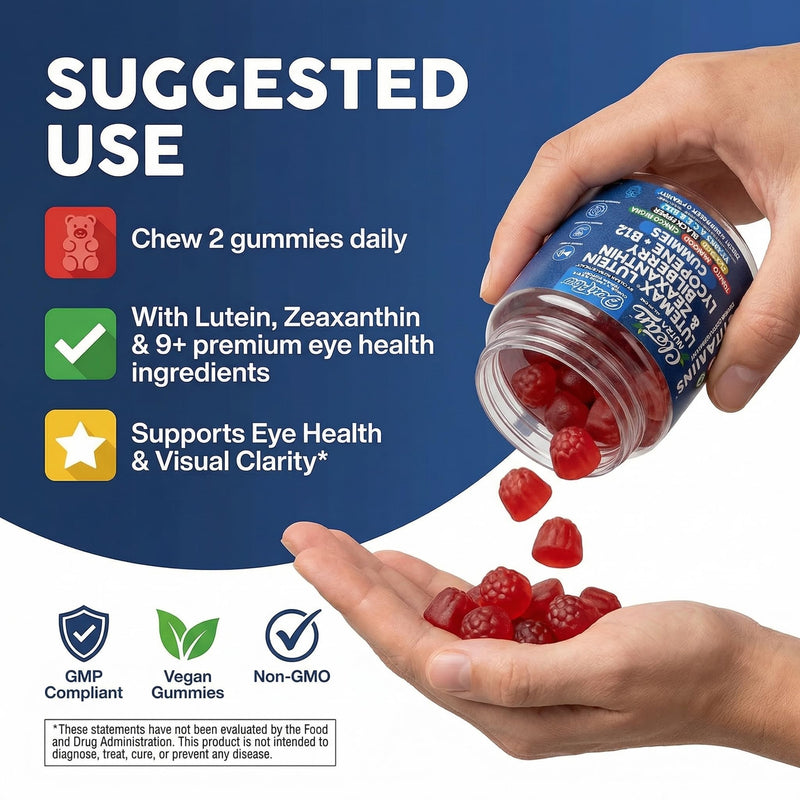 Clean Nutra Lutein and Zeaxanthin Eye Vitamins Gummies + Bilberry for Eyes Vision Support Ginkgo Biloba Marigold, Vitamin B12 Flaxseed Black Pepper CoQ10 Vitamin A l 60 Count B OcuFlow