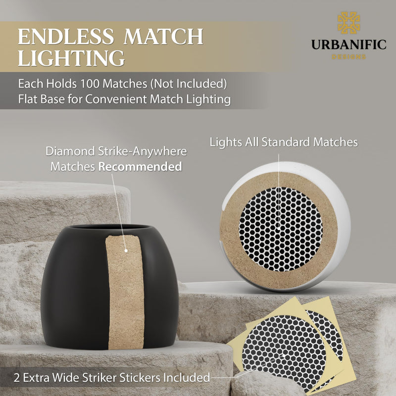 [Australia] - Match Holder with Striker - Set of 2 - Fancy Decorative Ceramic Matchstick Holders - Keeps Matches at Hand in a Cute Jar for Bathroom Candles and Kitchen Candle Home Decor - Matches Not Included 