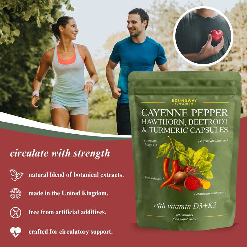 Cayenne Pepper Capsules with Hawthorn, Beetroot, Turmeric and Vitamin D3 K2 for Heart & Circulatory Support | 60 Capsules, 1 Month Supply | Made in The UK by Roundway Supplements