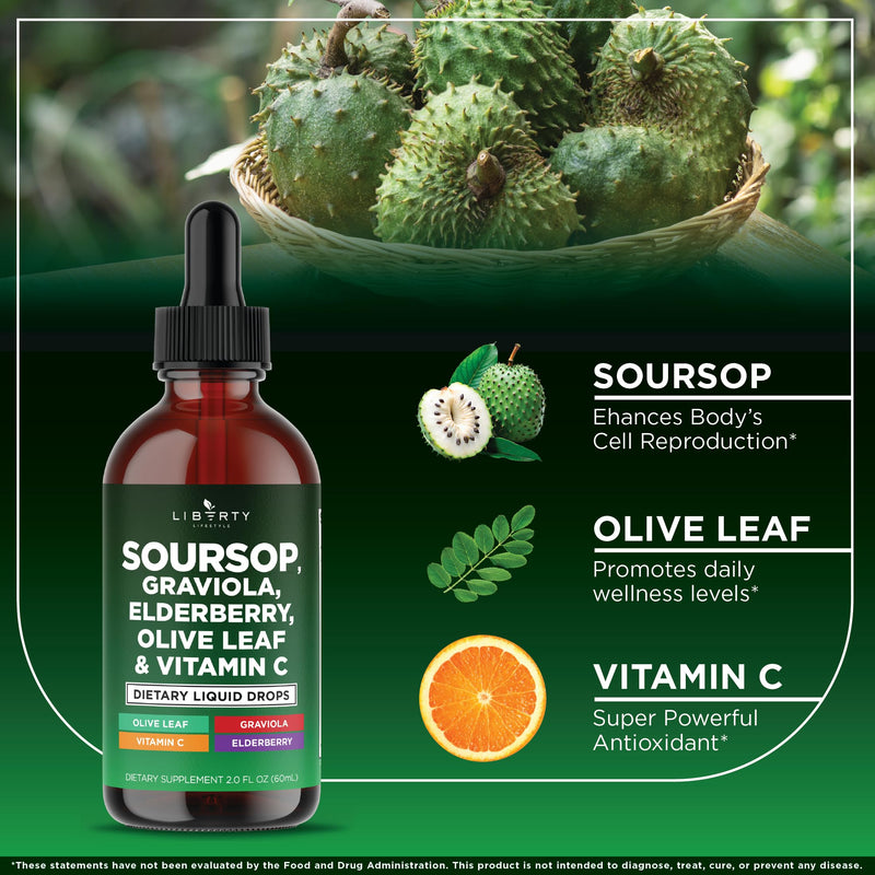 Liberty Lifestyle Soursop Liquid with Soursop Fruit and Leaves, Elderberry, Vitamin C and Olive Leaf - Multimineral & Vitamins Superfood - 8 oz 8 Fl Oz (Pack of 1)