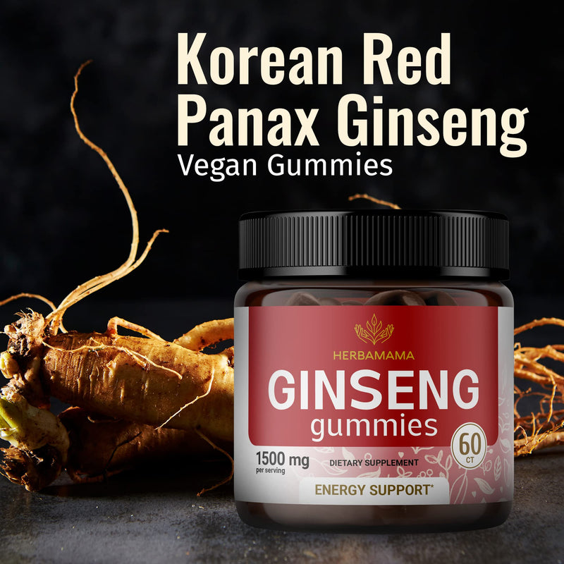 [Australia] - Korean Red Panax Ginseng Gummies - Memory, Mental Focus, Mood & Immunity Support Herbal Ginseng Supplement Vitamin - Natural Vegan Ginseng Gummies - 1500 mg 60 Chews 