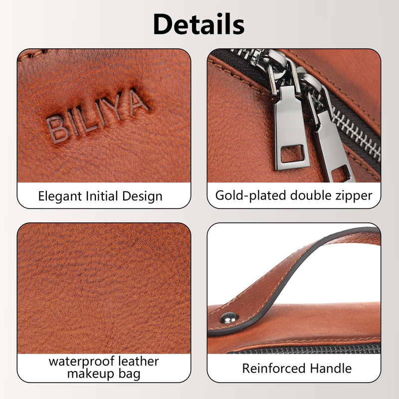 Hand Rubbed Genuine Leather Makeup Bag Vintage Brown Cowhide Cosmetic Case with Handle Handmade Travel Organizer for Women