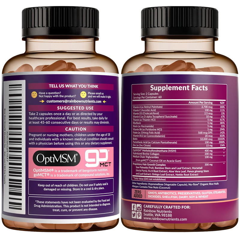 Hair Growth Vitamins for Women | Biotin 10,000mcg, Collagen, Patented OptiMSM®, goMCT®, Saw Palmetto | Naturally Supports Stronger & Healthier Hair, Skin and Nails |Non GMO + Made in USA|60 Day Supply 120 Count (Pack of 1)