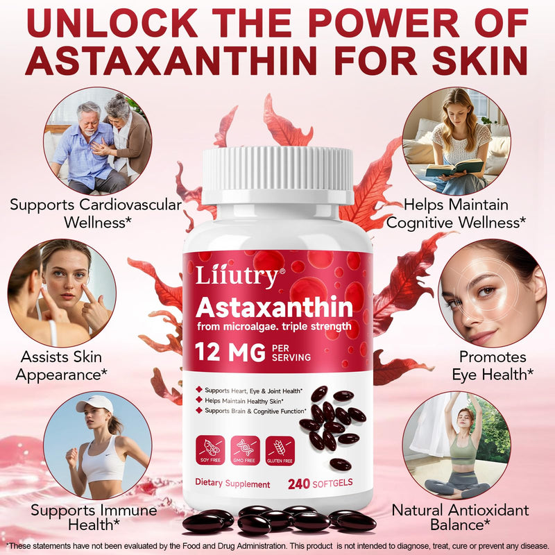 Astaxanthin Supplements, 240pcs Astaxanthin High Strength, Astaxanthin 12mg, Supports Eye, Skin, Joint, Brain, Heart & Immune System Health, Non-GMO & No Gluten