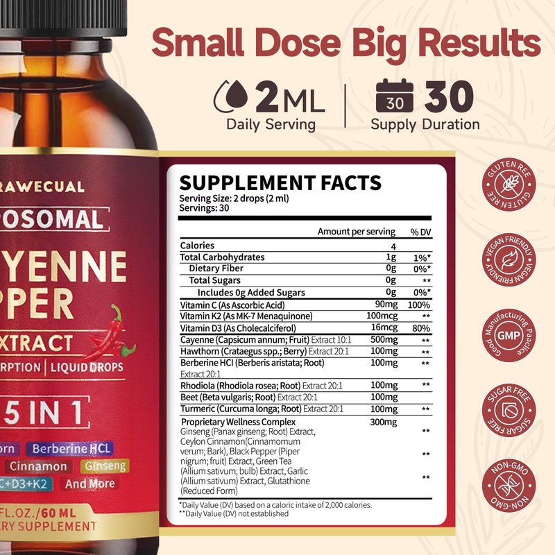 [Australia] - 15 in1 Liposomal Cayenne Pepper Liquid Drops Supplement, with Vitamin D3 K2, Hawthorn, Berberine HCL, Beet Root, Turmeric, Cinnamon, Digestion, Circulatory Heath Support- 2 Fl Oz for 30 Days 2 Fl Oz (Pack of 1) 