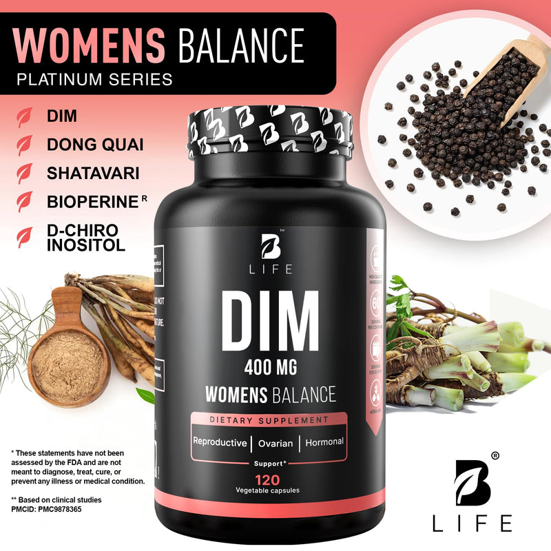 [Australia] - DIM Supplement 400 mg with Myo & D-Chiro Inositol, Dong Quai - PCOS Supplements – Hormone Balance for Women – Fertility Supplements – Inositol Supplement - 120 Caps 120 Count (Pack of 1) 