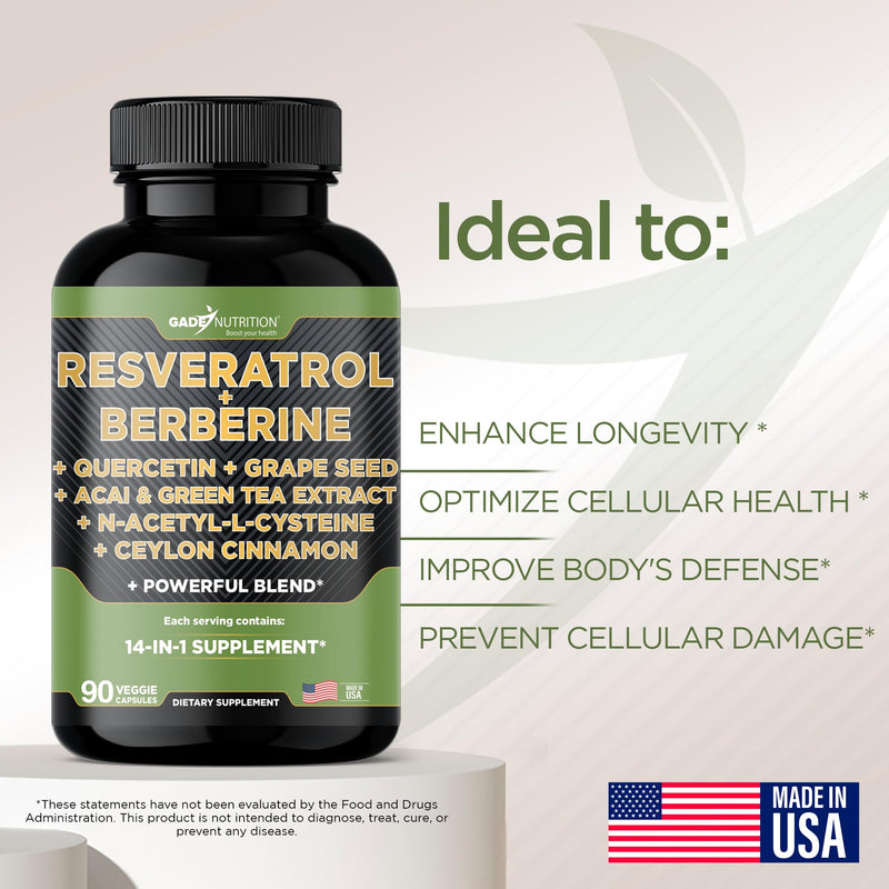 [Australia] - Gade Nutrition Resveratrol Berberine Quercetin Grape Seed Extract Green Tea Extract N-Acetyl Cysteine - 14 in 1 Complex Supplement for Women & Men with Potent Antioxidants - Made in USA 