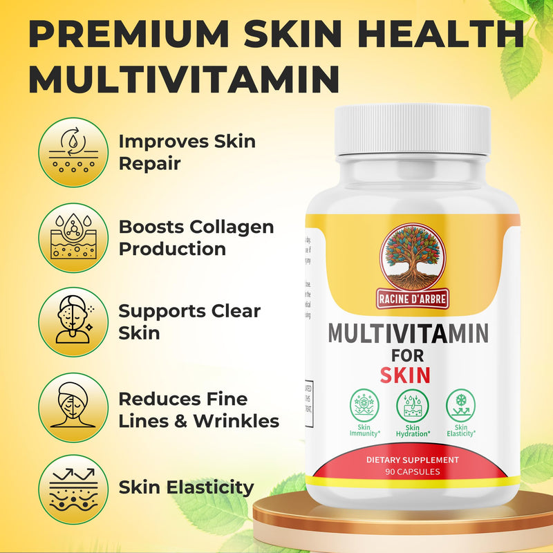 Racine D’ARBRE Multivitamin Skin Supplement – Hyaluronic Acid, Vitamin C, Selenium, Biotin, Zinc & Proline – Collagen, Hydration & Beauty Support – 90 Capsules