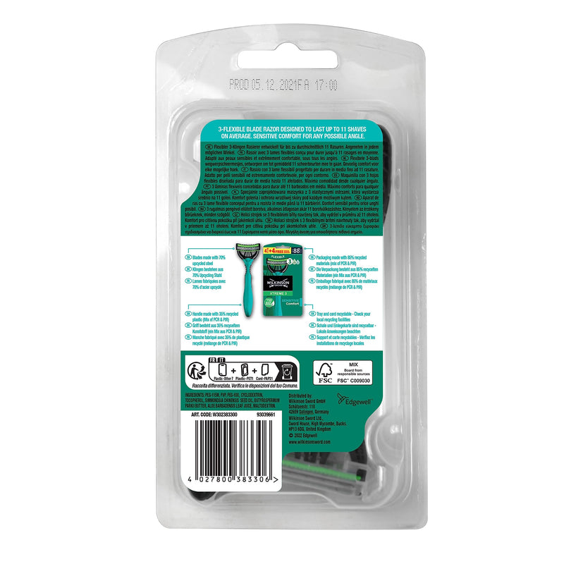 [Australia] - Wilkinson Sword Xtreme 3 Sensitive Disposable Razors with 3 Soft Blades and Aloe Vera & Vitamin E Lubricant Strips 4 Pieces 8 Pieces (Pack of 1) 