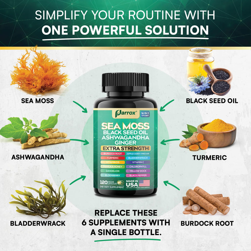 Sea Moss Black Seed Oil Supplement, 16-in-1 Ashwagandha, 120 Capsules | Ashwagandha, Turmeric, Chlorophyll, Dandelion, Ginger, Vitamins D3 & C, Elderberry, ACV, Burdock, Manuka 120 Count (Pack of 1)