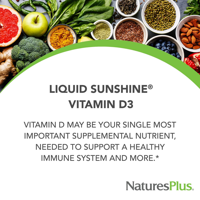 NaturesPlus Liquid Sunshine Vitamin D3 - 16 fl oz - Tropical Citrus Flavor - Bone Health & Immune System Support - Vegetarian - 32 Servings