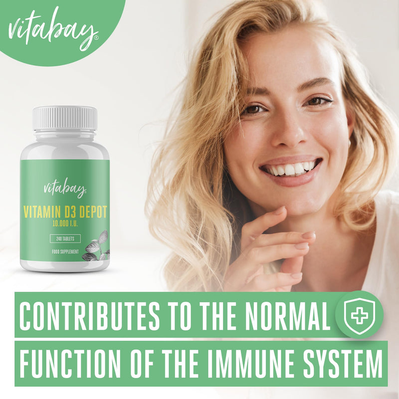 Vitabay – Vitamin D3 Depot 10000 I.E. – 240 Vegane Tabletten – Hochdosiert – Vitamin D3 Tabletten & Kapseln – VIT D – Vitamin D 10000