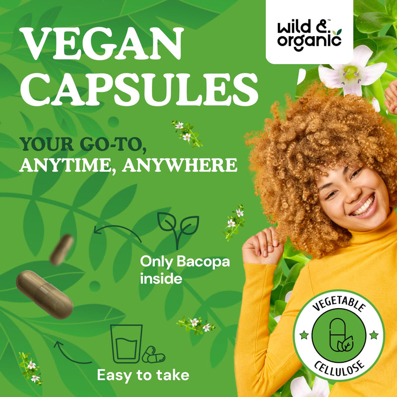 [Australia] - Wild & Organic Bacopa Capsules 600 mg - Brain Support - Natural Bacopa Monnieri Supplement - Brahmi Capsules - 60 Days of Supply - Vegan, No Fillers, Non-GMO - 60 Count 