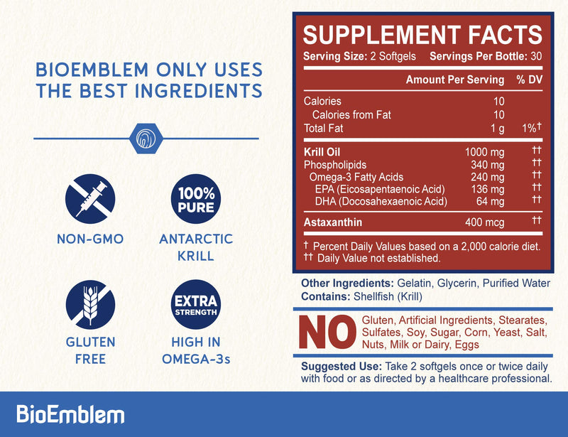 [Australia] - BioEmblem Antarctic Krill Oil Supplement | 1000mg | Omega-3 Oil with High Levels of EPA + DHA, Astaxanthin, and Phospholipids | No Fishy Aftertaste | 60-Count Non-GMO Softgels 60 Capsule 