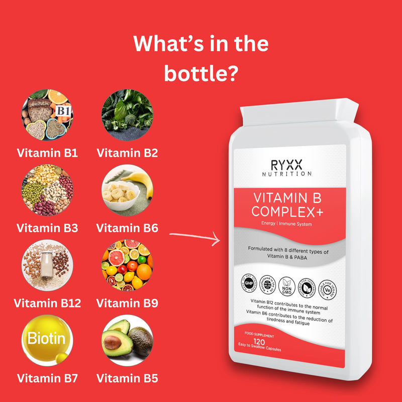 Vitamin B Complex+ | High Strength & High Absorption B Vitamins | 120 Vegan Capsules | with B6, B12 & Folate for Energy & Tiredness Reduction | Made in the UK by RYXX