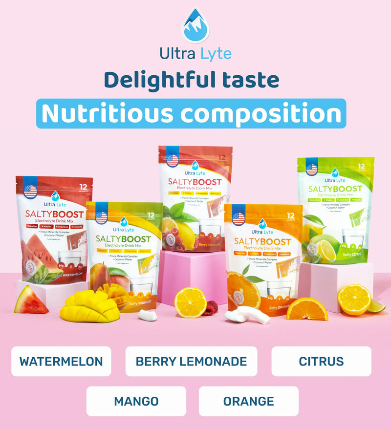 Ultra Lyte Electrolytes Drink Mix Sachets - Sugar-Free Electrolytes Powder with High Sodium, Trace Minerals and Coconut Water - Rehydration for Fitness (24 Sachets, Salty Orange) 24 Sachets