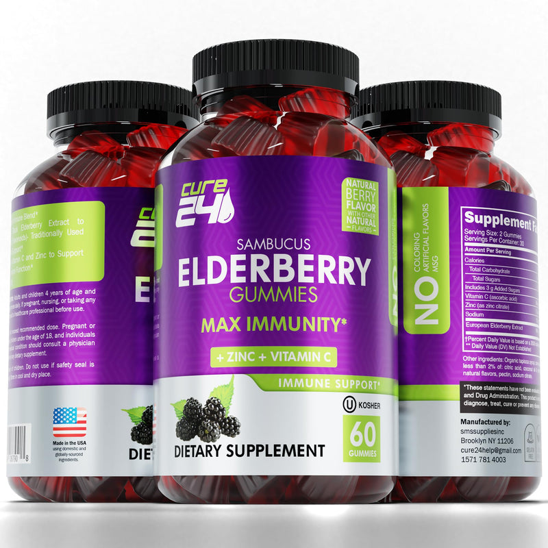 [Australia] - Sambucus Elderberry Gummies for Adults & kids, Black Elderberry Vitamin C and Zinc Supplements, Triple immune support Supplement, 60 chews, Made in USA 