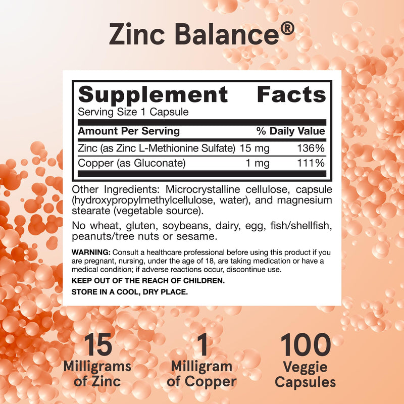 [Australia] - Jarrow Formulas Zinc Balance 15 mg - 100 Servings (Veggie Caps) - Includes Copper - Essential Mineral for Immune System Support - Immune Support Supplement - Gluten Free Zinc Copper Supplement - Vegan 