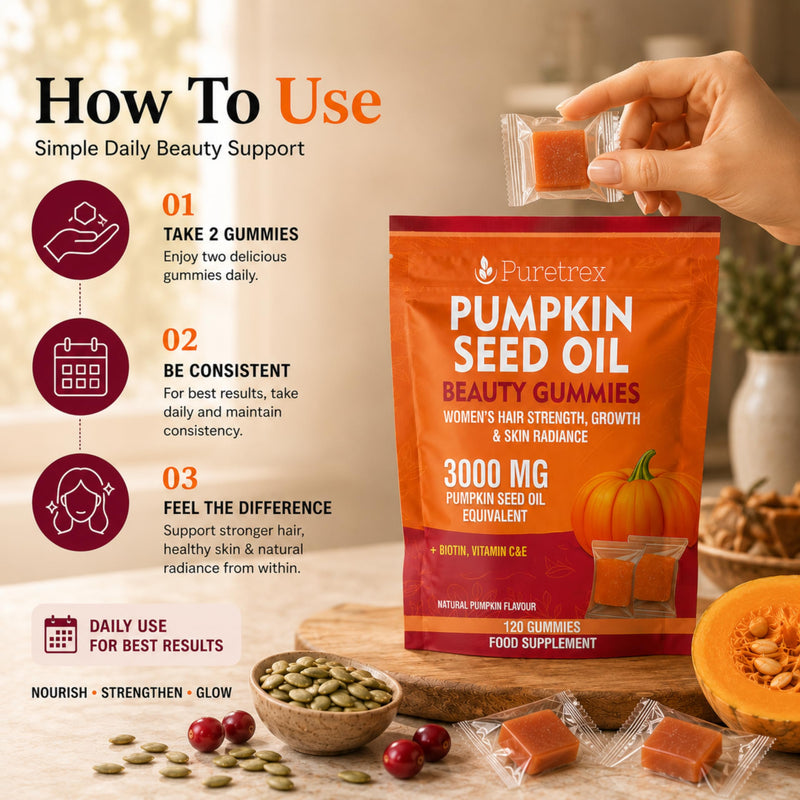 Puretrex Pumpkin Seed Oil Gummies 3000mg, UK Made Hair Growth Gummies for Women with Biotin Vitamin C & E, Vegan, Hair, Skin & Nails Beauty Gummies, Natural Pumpkin Flavour, 120 Gummies