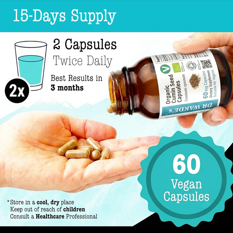 DR WAKDEs Organic Cumin Seed Capsules I 60 Veg Capsules I Herbal Supplement I Vegan Friendly I Ayurveda
