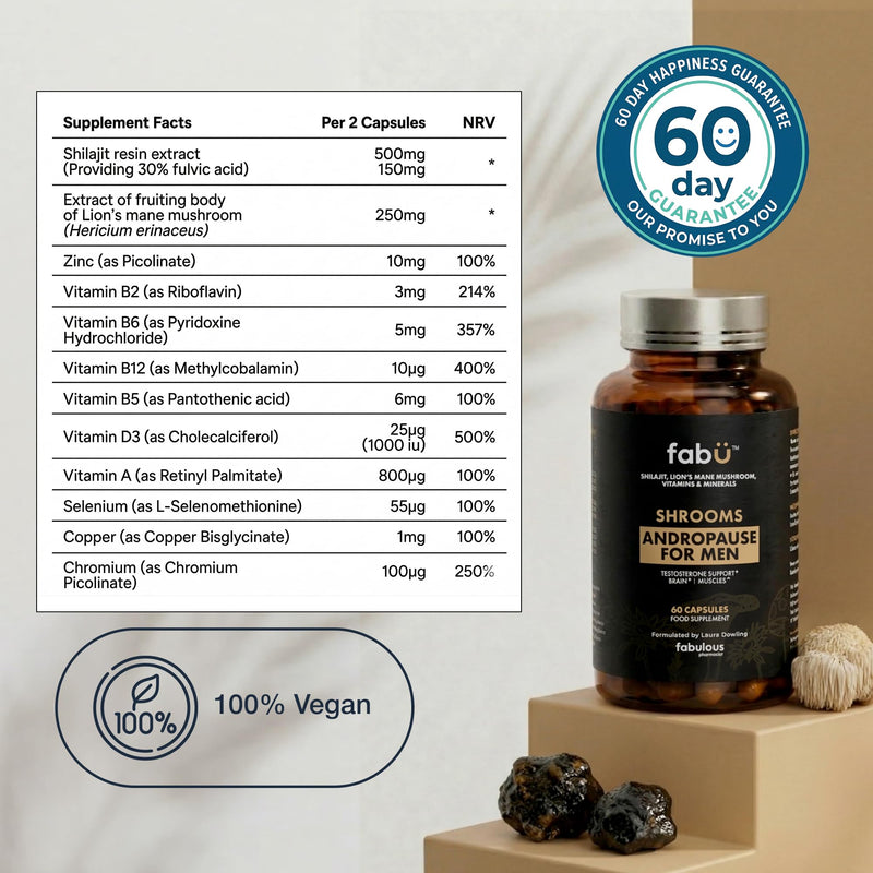 fabÜ Shrooms Andropause - Natural Shilajit & Lion's Mane Supplement for Men - Complete Multivitamin with Zinc, B12 & Minerals for Energy, Cognition & Testosterone Support - 60 Capsules