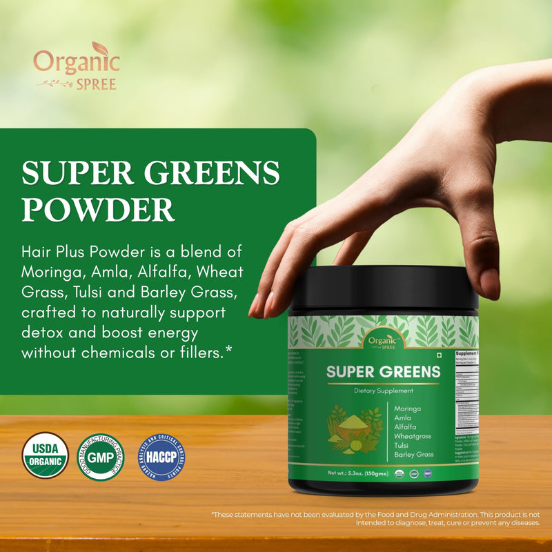 Organic Spree Super Greens Powder – 150 gm (5.3oz) | USDA Organic Certified | Superfood Mix with Moringa, Wheatgrass, Tulsi, Amla, Alfalfa & Barley Grass (1) 1