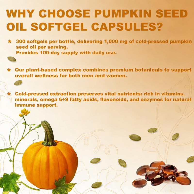 Pumpkin Seed Oil 300 Capsules- Cold Pressed Pumpkins Seed Oil for Hair Growth - Supports Hair, Heart, Skin Supplement - Non-GMO-Gluten Free